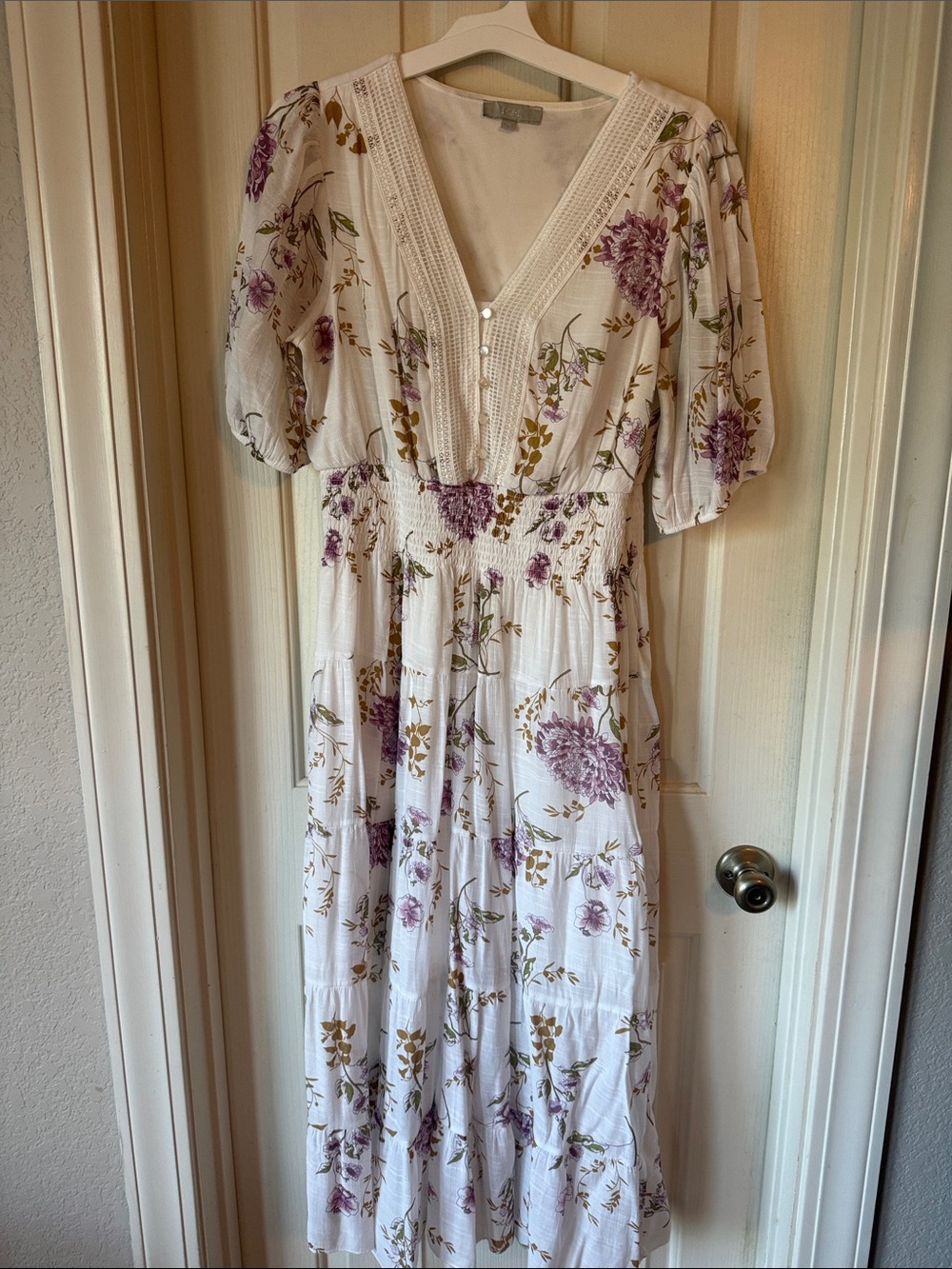 White Maxi Dress with Lavender Floral Print and Smocked Waist